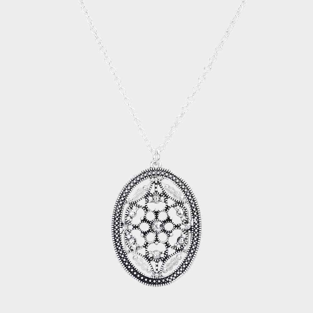 Bead Embellished Antique Metal Oval Pendant Necklace - Madeline Love - Flyclothing LLC
