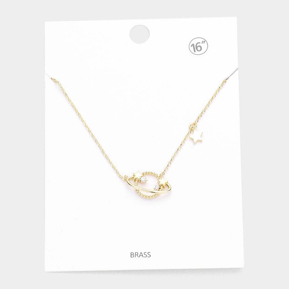 Rhinestone Embellished Brass Metal Space Star Pendant Necklace - Madeline Love - Flyclothing LLC
