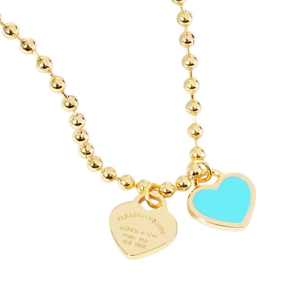 Gold Dipped Double Heart Pendant Bubble Chain Necklace - Madeline Love - Flyclothing LLC