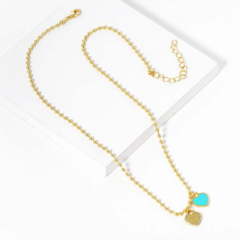 Gold Dipped Double Heart Pendant Bubble Chain Necklace - Madeline Love - Flyclothing LLC