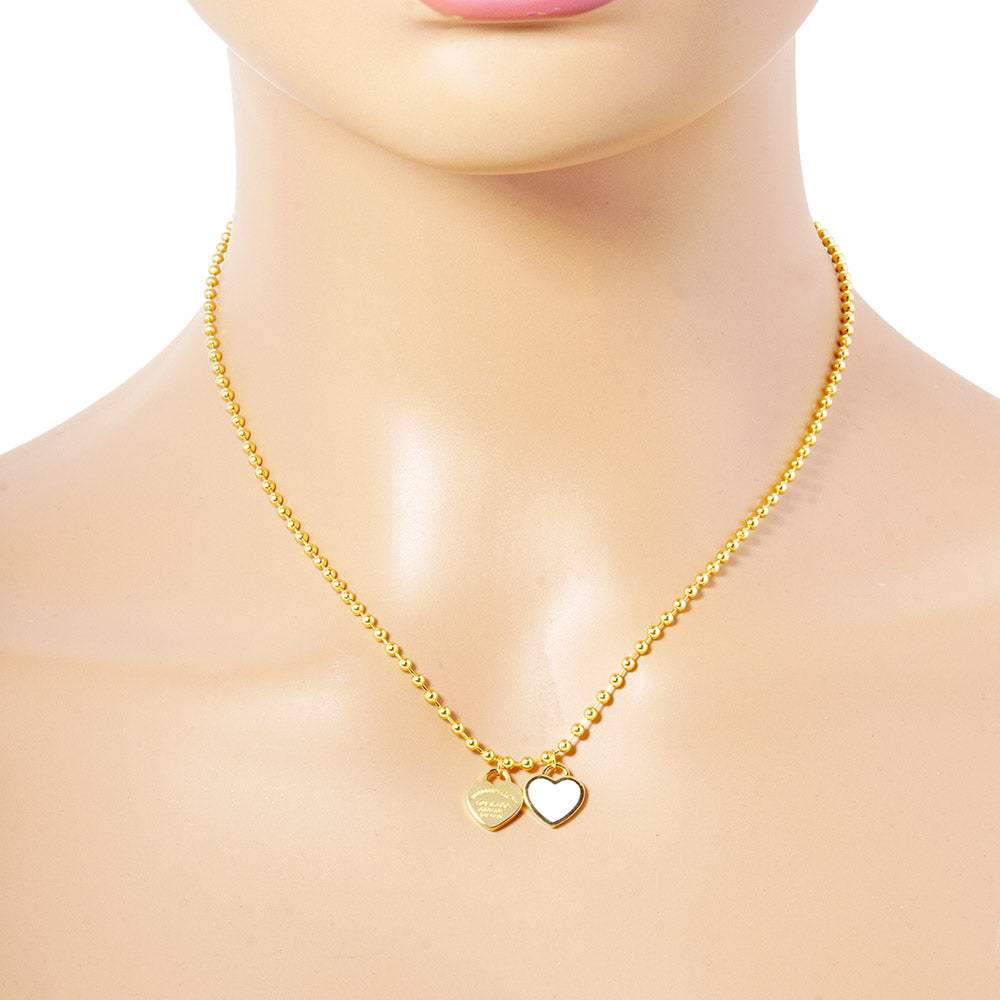 Gold Dipped Double Heart Pendant Bubble Chain Necklace - Madeline Love - Flyclothing LLC