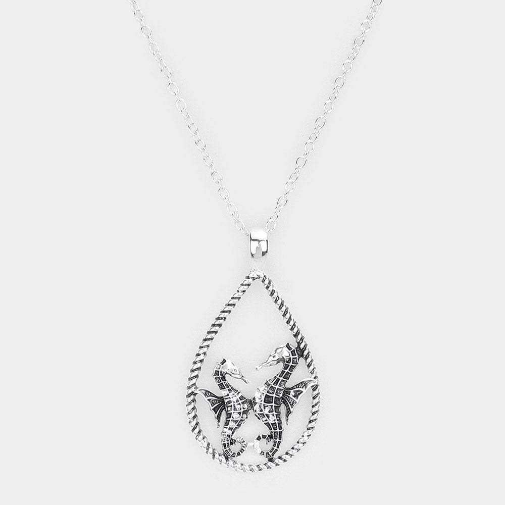 Seahorse Accented Open Teardrop Pendant Necklace - Madeline Love - Flyclothing LLC