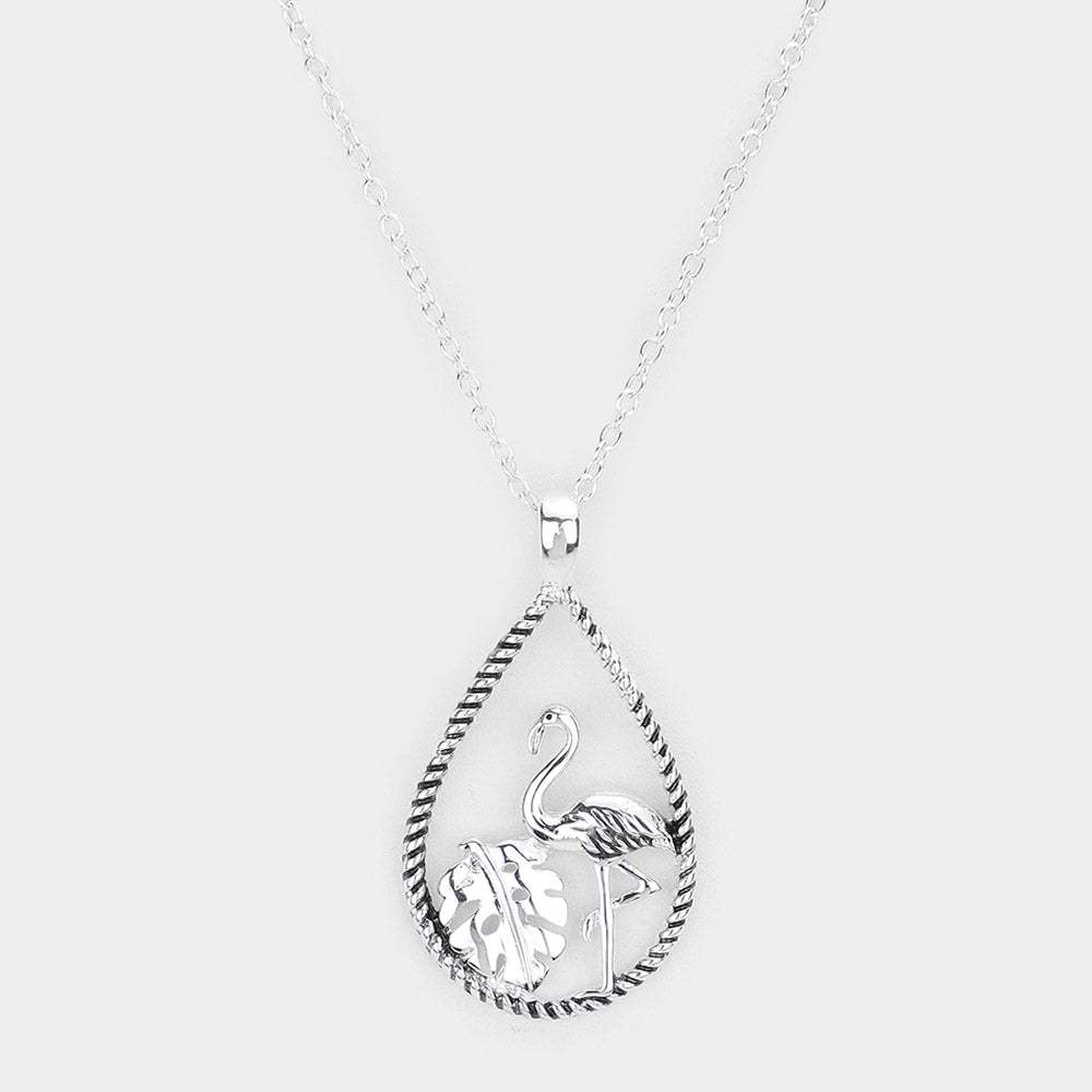 Flamingo Tropical Leaf Accented Open Teardrop Pendant Necklace - Madeline Love - Flyclothing LLC