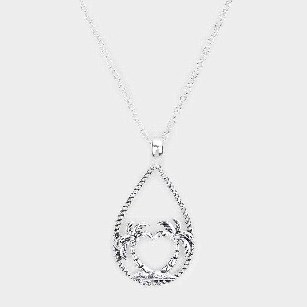 Palm Tree Accented Open Teardrop Pendant Necklace - Madeline Love - Flyclothing LLC