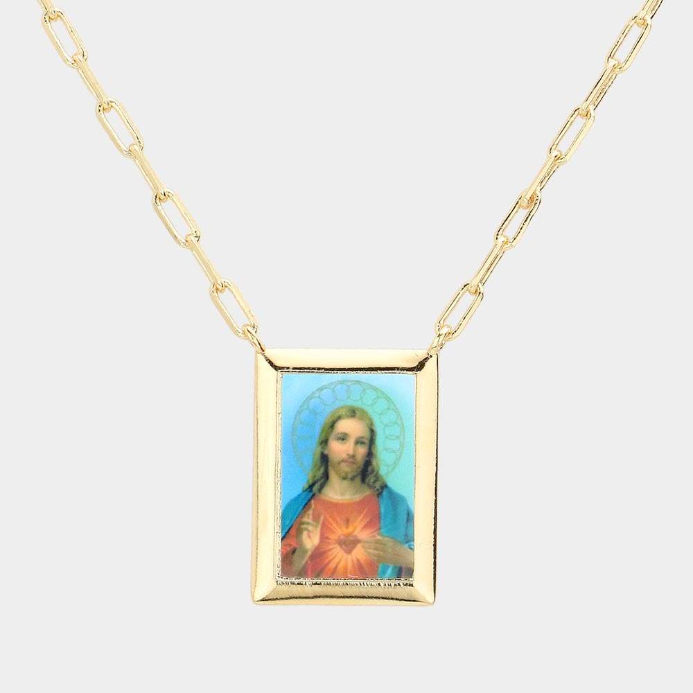 Gold Dipped Brass Metal Sacred Heart of Jesus Pendant Necklace - Madeline Love - Flyclothing LLC