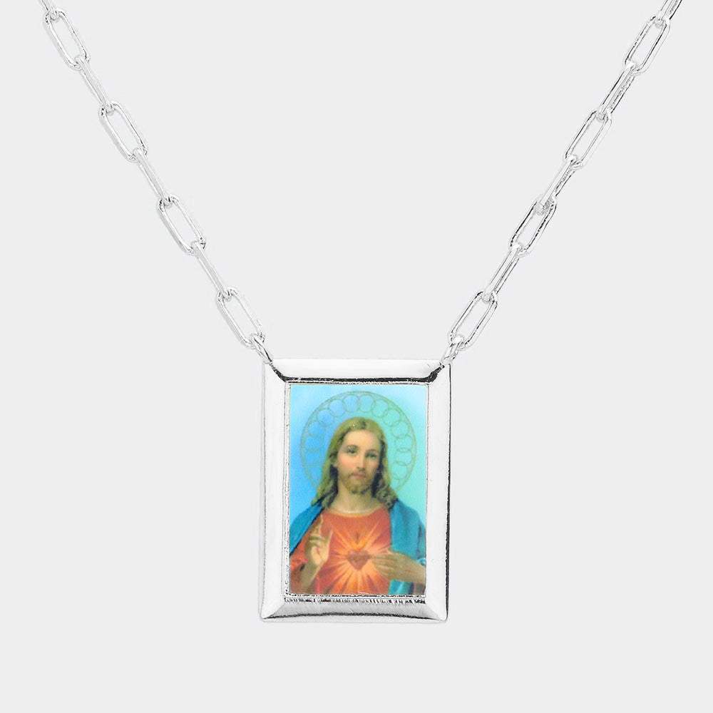 White Gold Dipped Brass Metal Sacred Heart of Jesus Pendant Necklace - Madeline Love - Flyclothing LLC