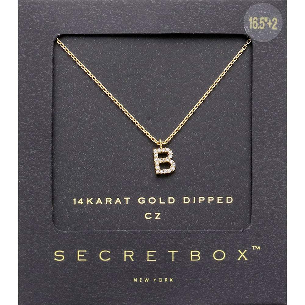 -B- Secret Box _ 14K Gold Dipped CZ Initial Monogram Pendant Necklace - Madeline Love - Flyclothing LLC