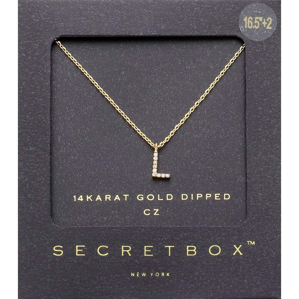 -L- Secret Box _ 14K Gold Dipped CZ Initial Monogram Pendant Necklace - Madeline Love - Flyclothing LLC