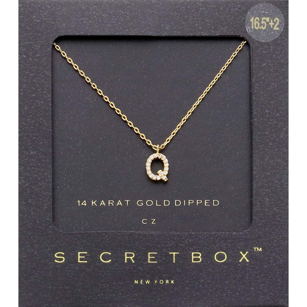 -Q- Secret Box _ 14K Gold Dipped CZ Initial Monogram Pendant Necklace - Madeline Love - Flyclothing LLC