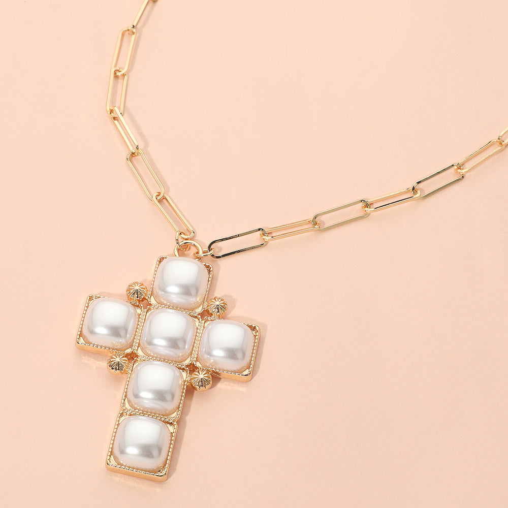 Bold Geometric Pearl Cross Charm Paperclip Chain Necklace