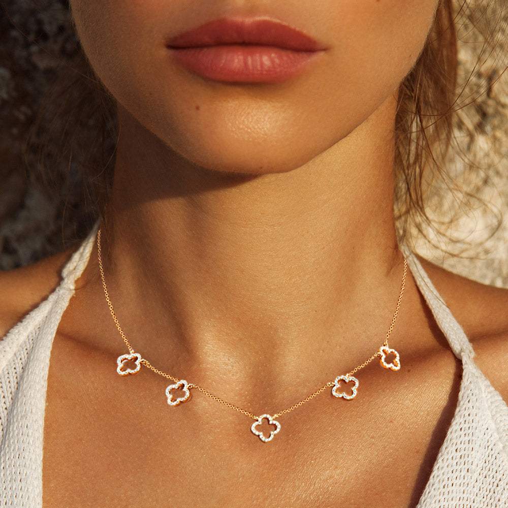 Gold Dipped CZ Quatrefoil Pendant Station Necklace - Madeline Love - Flyclothing LLC
