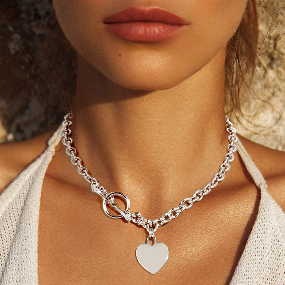 White Gold Dipped Brass Metal Heart Lock Pendant Toggle Necklace - Madeline Love - Flyclothing LLC