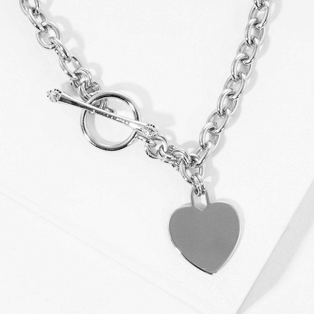 White Gold Dipped Brass Metal Heart Lock Pendant Toggle Necklace - Madeline Love - Flyclothing LLC