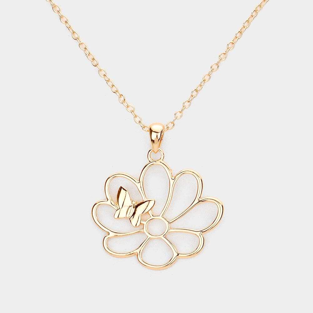 Metal Cutout Flower Butterfly Pendant Necklace - Madeline Love - Flyclothing LLC