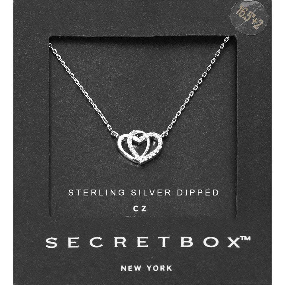 SECRET BOX_Sterling Silver Dipped CZ Stone Paved Double Heart Pendant Necklace - Madeline Love - Flyclothing LLC