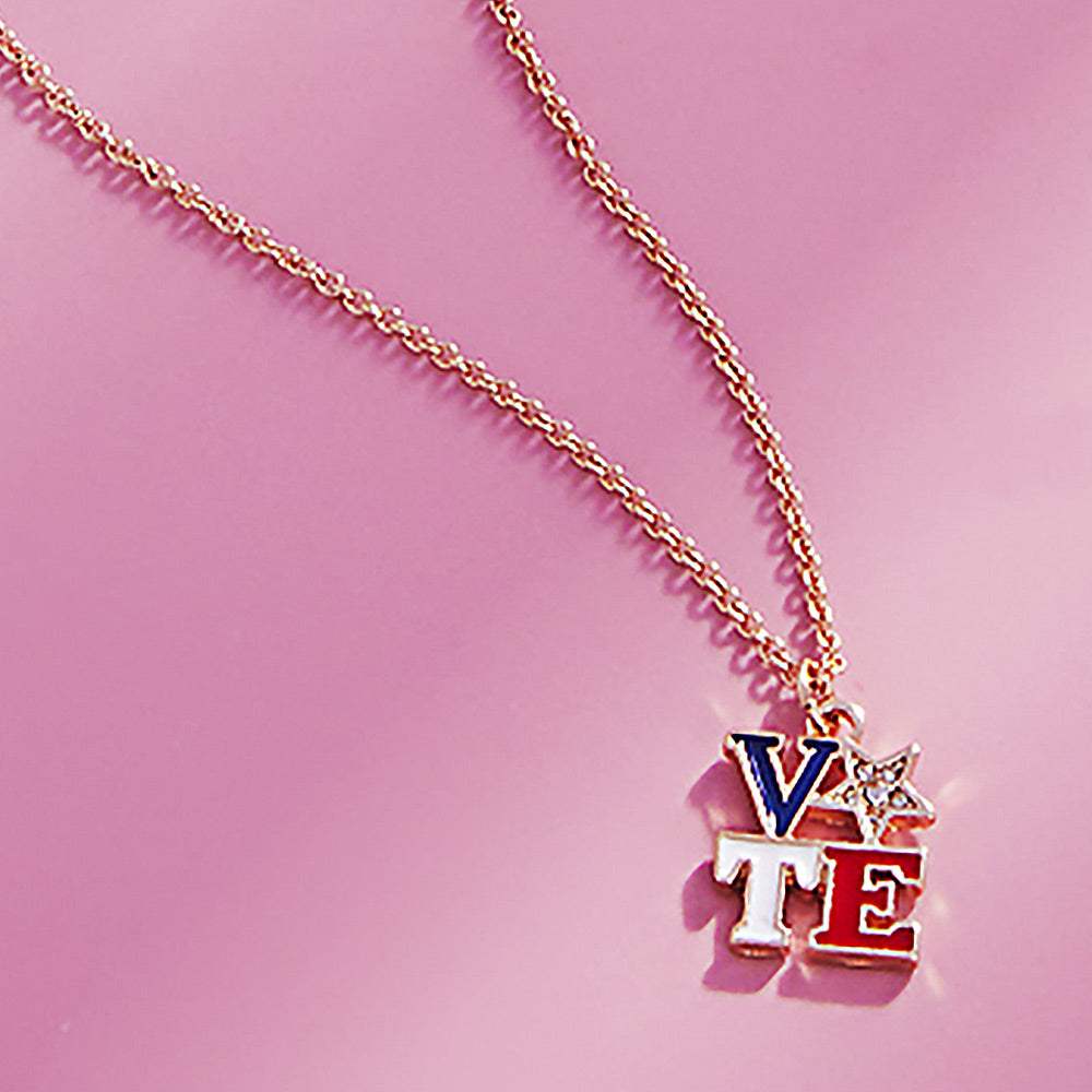 Stone Paved Star Pointed Enamel VOTE Message Pendant Necklace - Madeline Love - Flyclothing LLC