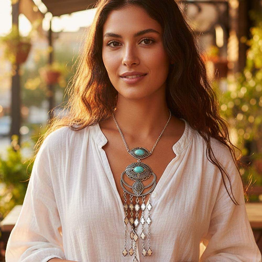 Boho Turquoise Stone Accent Plate Tassel Pendant Statement Necklace - Madeline Love - Flyclothing LLC