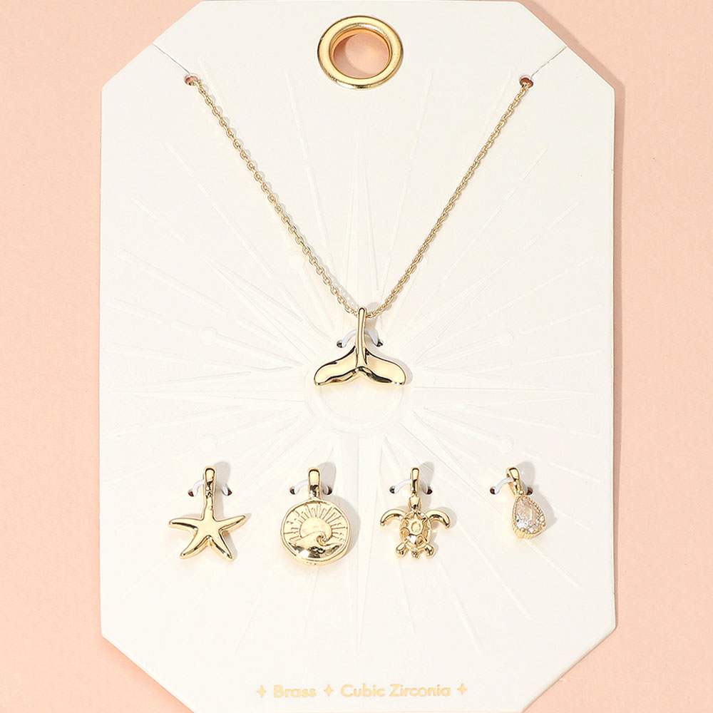Metal Whale Tale Starfish Turtle Sun CZ Teardrop Stone Charm Pendant Necklace - Madeline Love - Flyclothing LLC