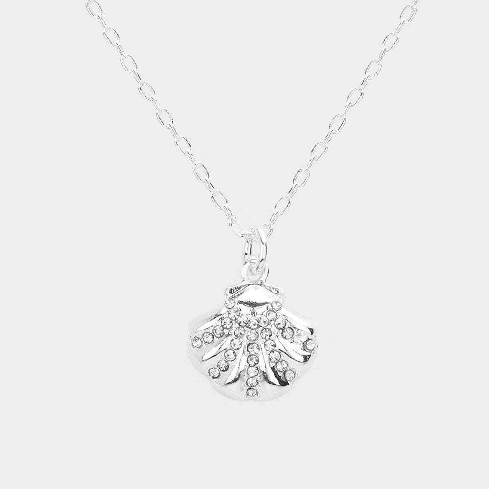 Rhinestone Embellished Metal Shell Pendant Necklace - Madeline Love - Flyclothing LLC