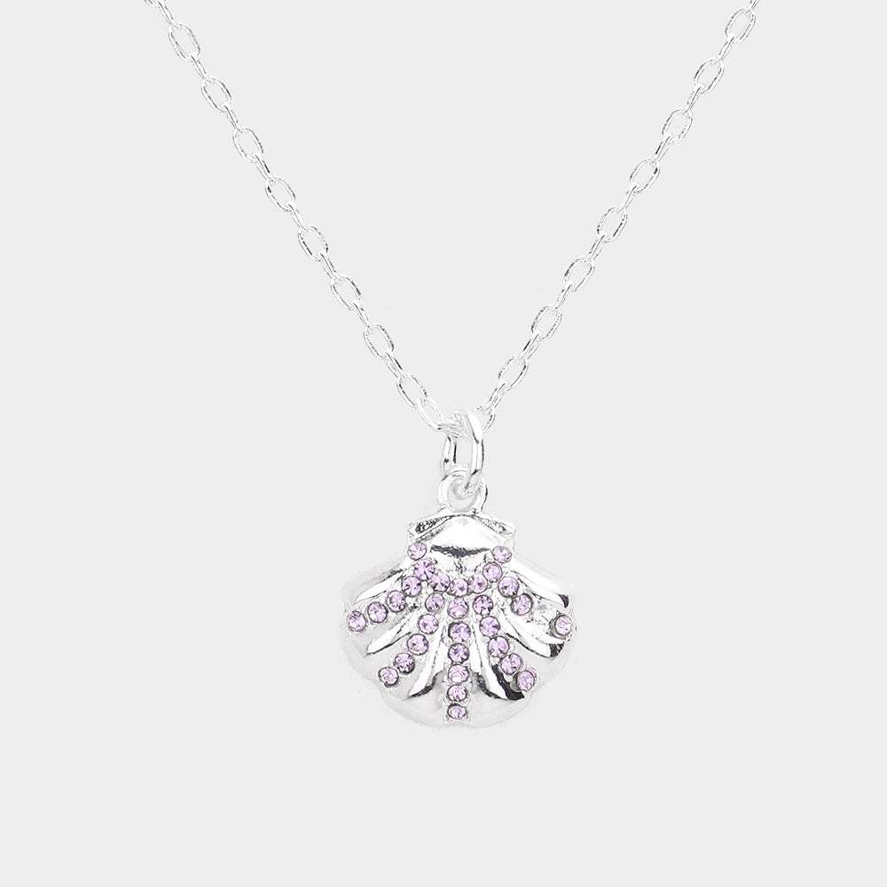 Rhinestone Embellished Metal Shell Pendant Necklace - Madeline Love - Flyclothing LLC