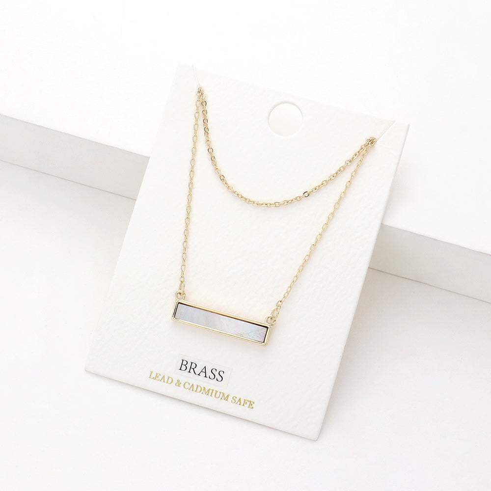 Brass Metal Abalone Rectangle Pendant Double Layered Necklace - Madeline Love - Flyclothing LLC