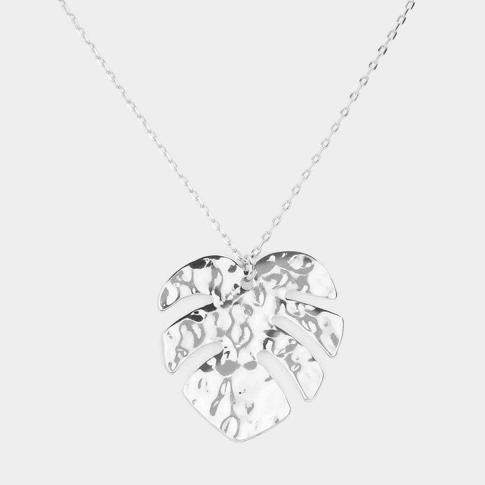 Hammered Metal Tropical Leaf Pendant Necklace - Madeline Love - Flyclothing LLC