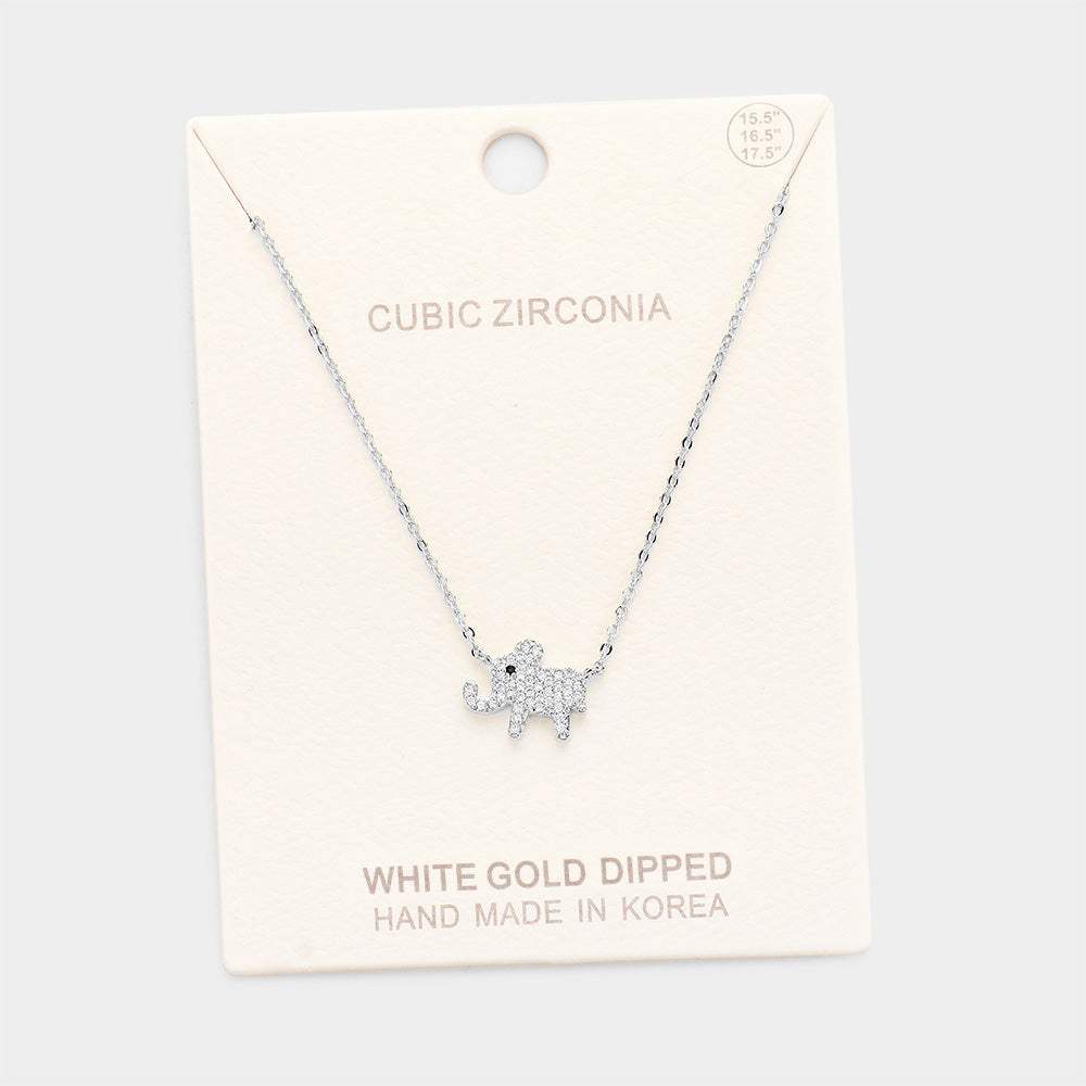White Gold Dipped Cubic Zirconia Elephant Pendant Necklace - Madeline Love - Flyclothing LLC