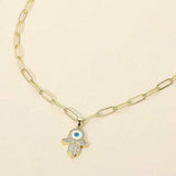 Stainless Steel CZ Stone Paved Evil Eye Hamsa Hand Pendant Paperclip Chain Necklace - Madeline Love - Flyclothing LLC