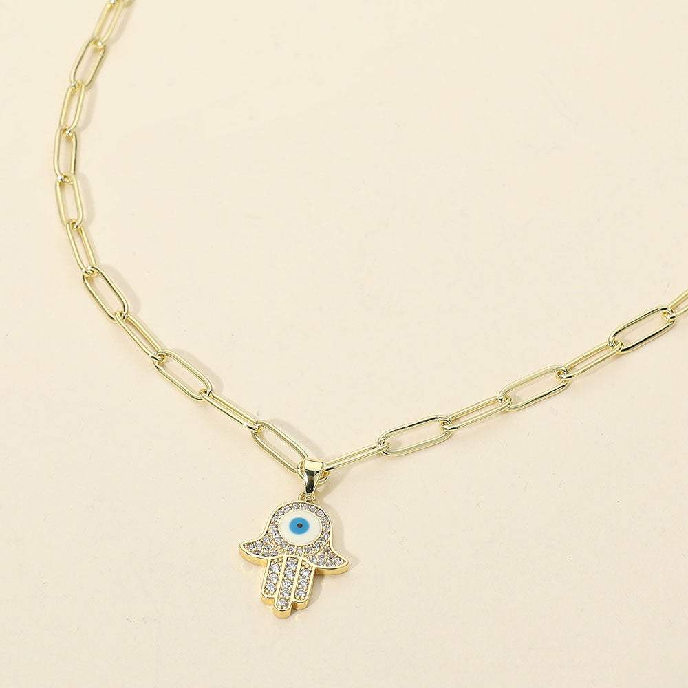 Stainless Steel CZ Stone Paved Evil Eye Hamsa Hand Pendant Paperclip Chain Necklace - Madeline Love - Flyclothing LLC