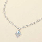 Stainless Steel CZ Stone Paved Evil Eye Hamsa Hand Pendant Paperclip Chain Necklace - Madeline Love - Flyclothing LLC