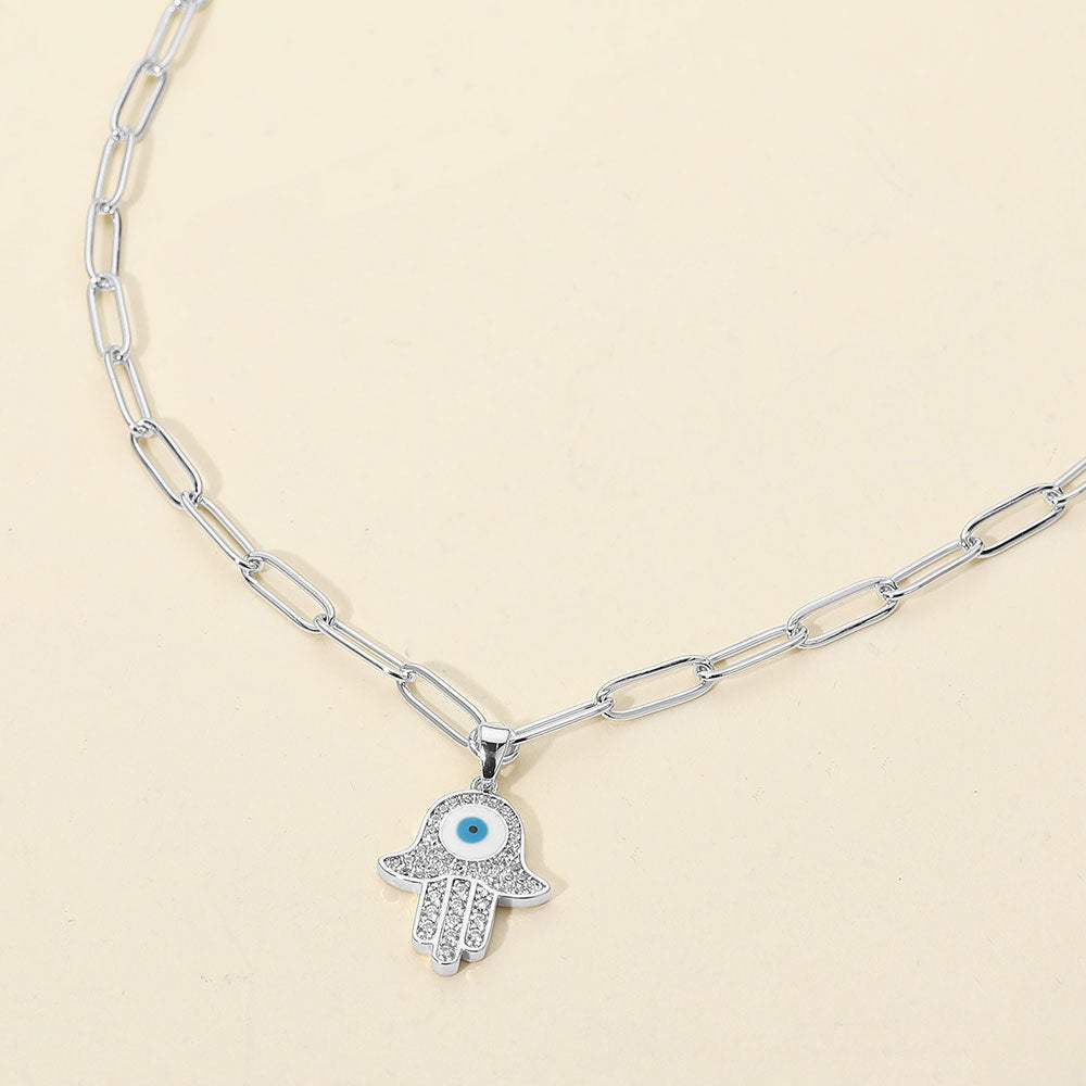 Stainless Steel CZ Stone Paved Evil Eye Hamsa Hand Pendant Paperclip Chain Necklace - Madeline Love - Flyclothing LLC