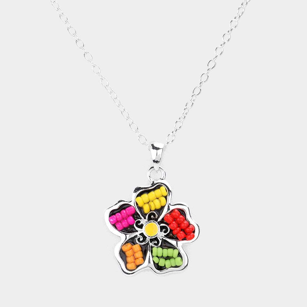 Seed Bead Embellished Flower Pendant Necklace - Madeline Love - Flyclothing LLC