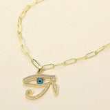 Stainless Steel CZ Stone Paved Eye of Horus Pendant Paperclip Chain Necklace - Madeline Love - Flyclothing LLC