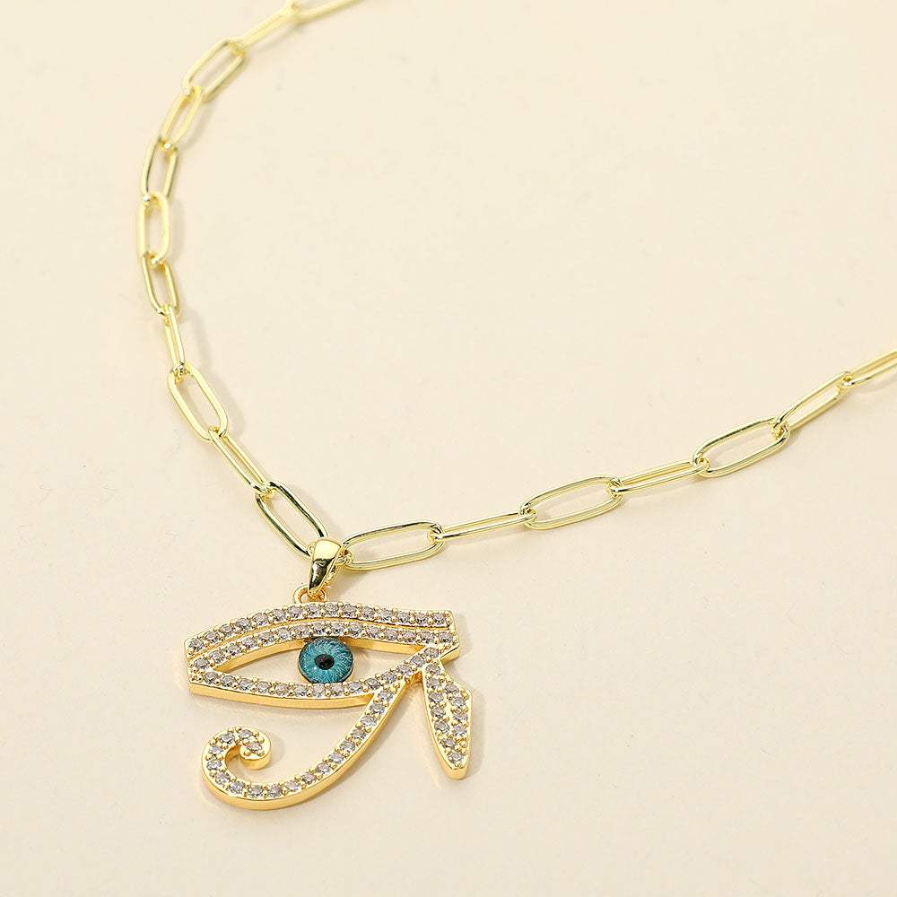 Stainless Steel CZ Stone Paved Eye of Horus Pendant Paperclip Chain Necklace - Madeline Love - Flyclothing LLC