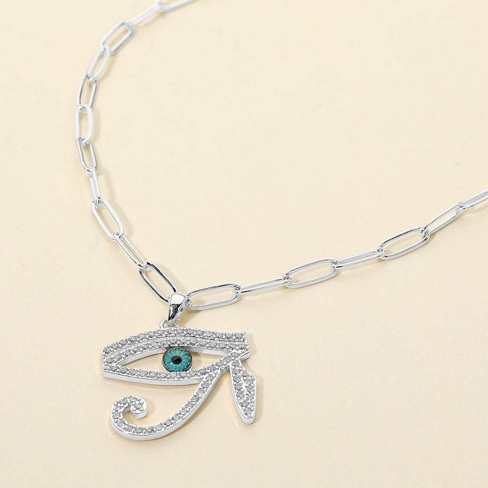 Stainless Steel CZ Stone Paved Eye of Horus Pendant Paperclip Chain Necklace - Madeline Love - Flyclothing LLC
