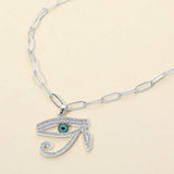 Stainless Steel CZ Stone Paved Eye of Horus Pendant Paperclip Chain Necklace - Madeline Love - Flyclothing LLC