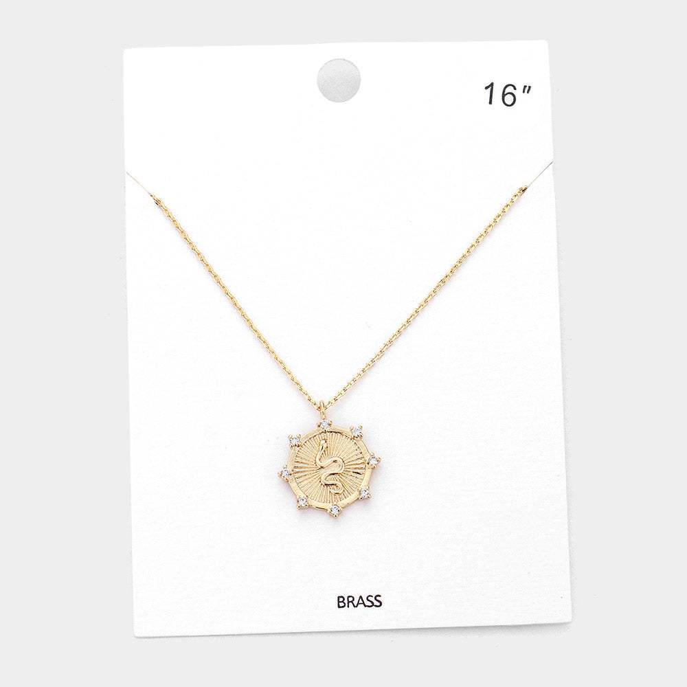 Rhinestone Embellished Brass Metal Snake Pendant Necklace - Madeline Love - Flyclothing LLC