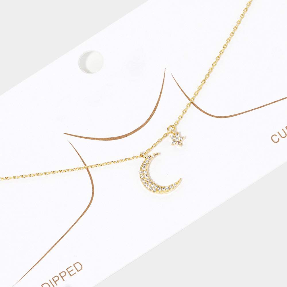 Gold Dipped Cubic Zirconia Moon Star Pendant Necklace - Madeline Love - Flyclothing LLC