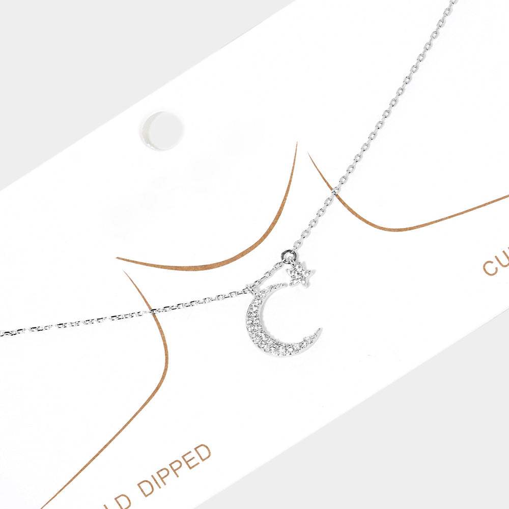 White Gold Dipped Cubic Zirconia Moon Star Pendant Necklace - Madeline Love - Flyclothing LLC