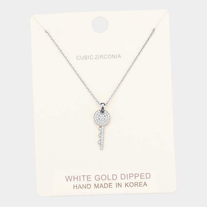 White Gold Dipped Cubic Zirconia Key Pendant Necklace - Madeline Love - Flyclothing LLC