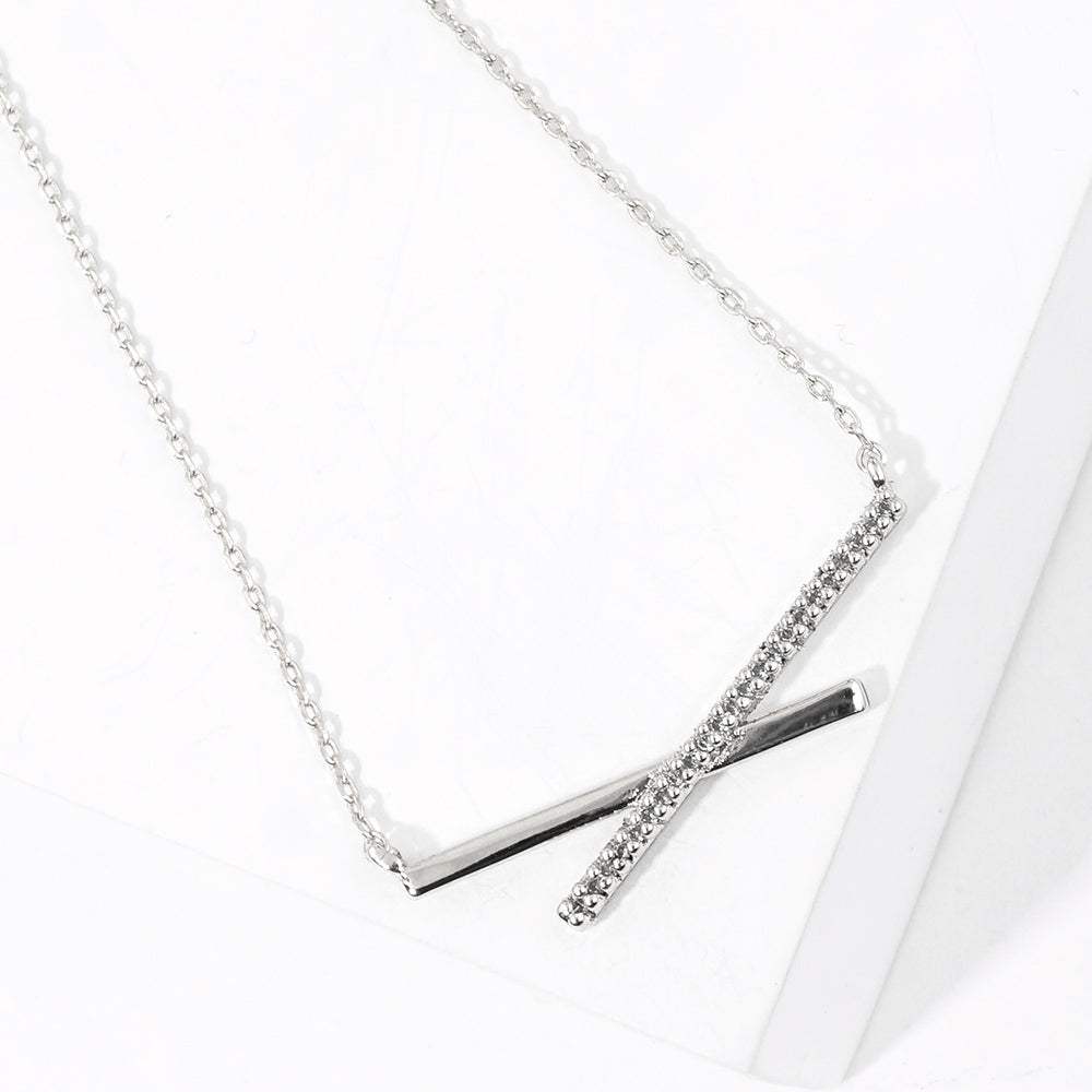 White Gold Dipped CZ Stone Paved Crisscross Pendant Necklace - Madeline Love - Flyclothing LLC