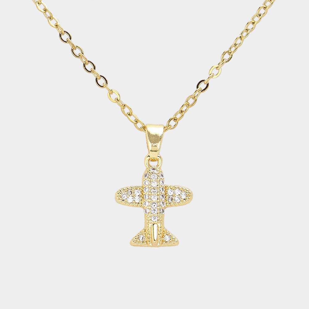 CZ Stone Paved Airplane Pendant Stainless Steel Necklace - Madeline Love - Flyclothing LLC