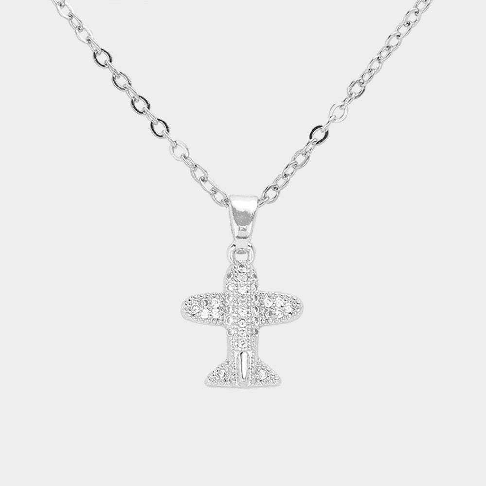CZ Stone Paved Airplane Pendant Stainless Steel Necklace - Madeline Love - Flyclothing LLC
