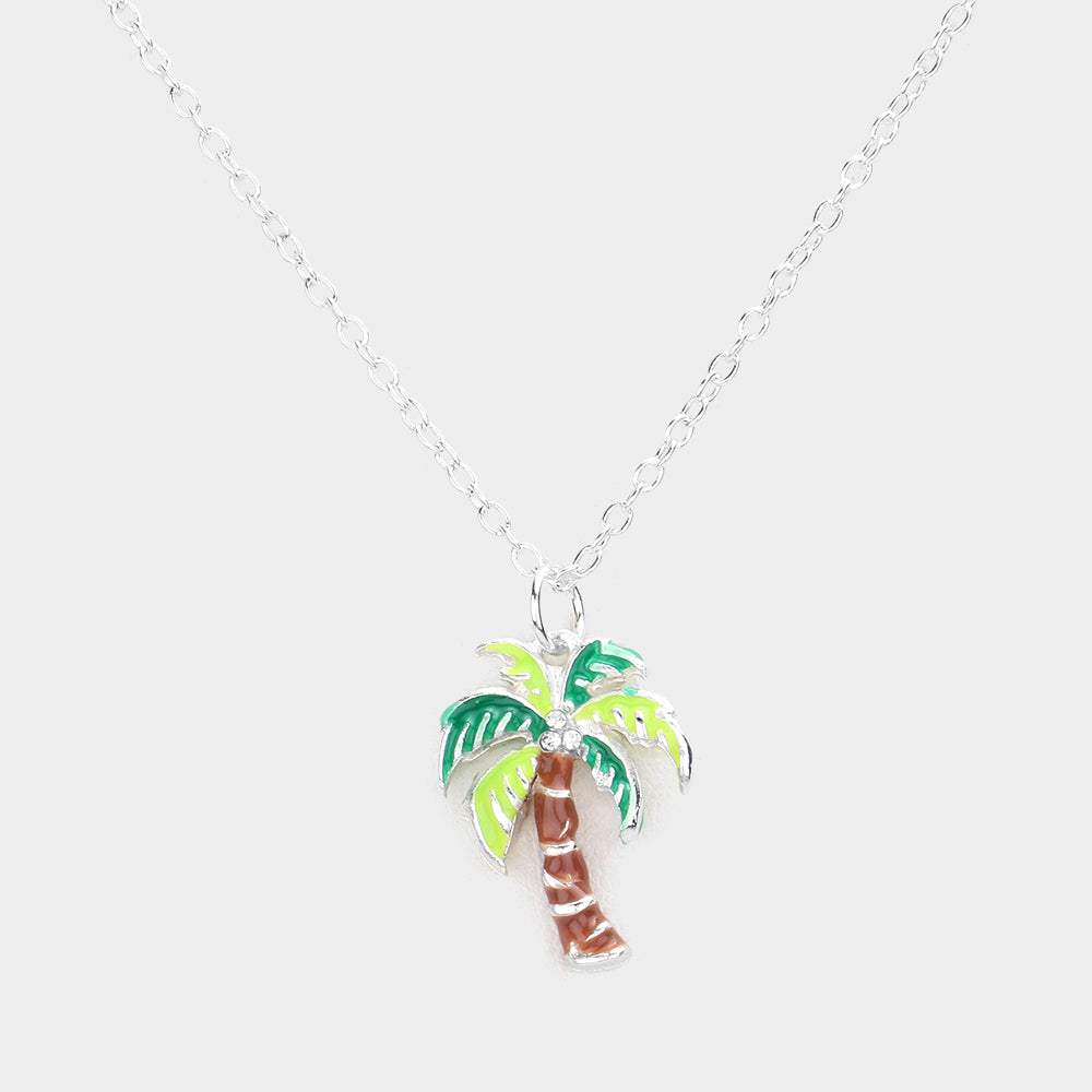 Rhinestone Embellished Enamel Palm Tree Pendant Necklace - Madeline Love - Flyclothing LLC