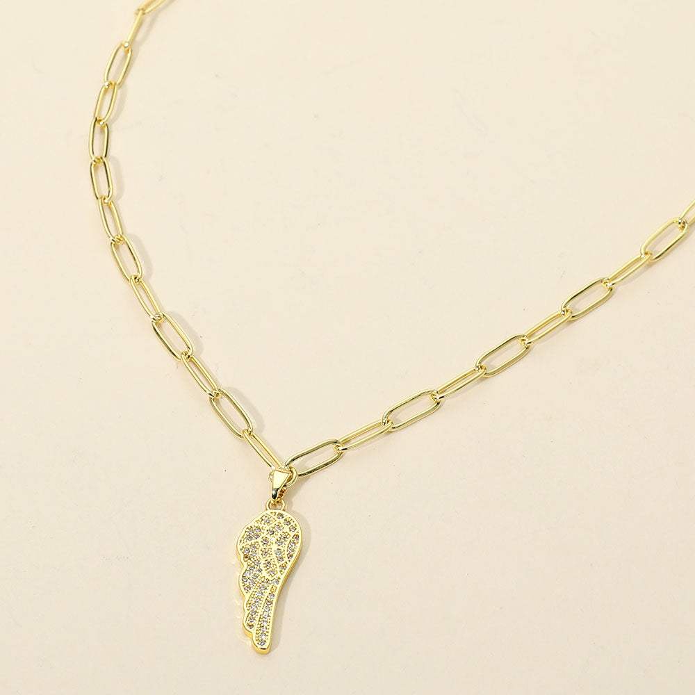 Stainless Steel CZ Stone Paved Angel Wing Pendant Paperclip Chain Necklace - Madeline Love - Flyclothing LLC