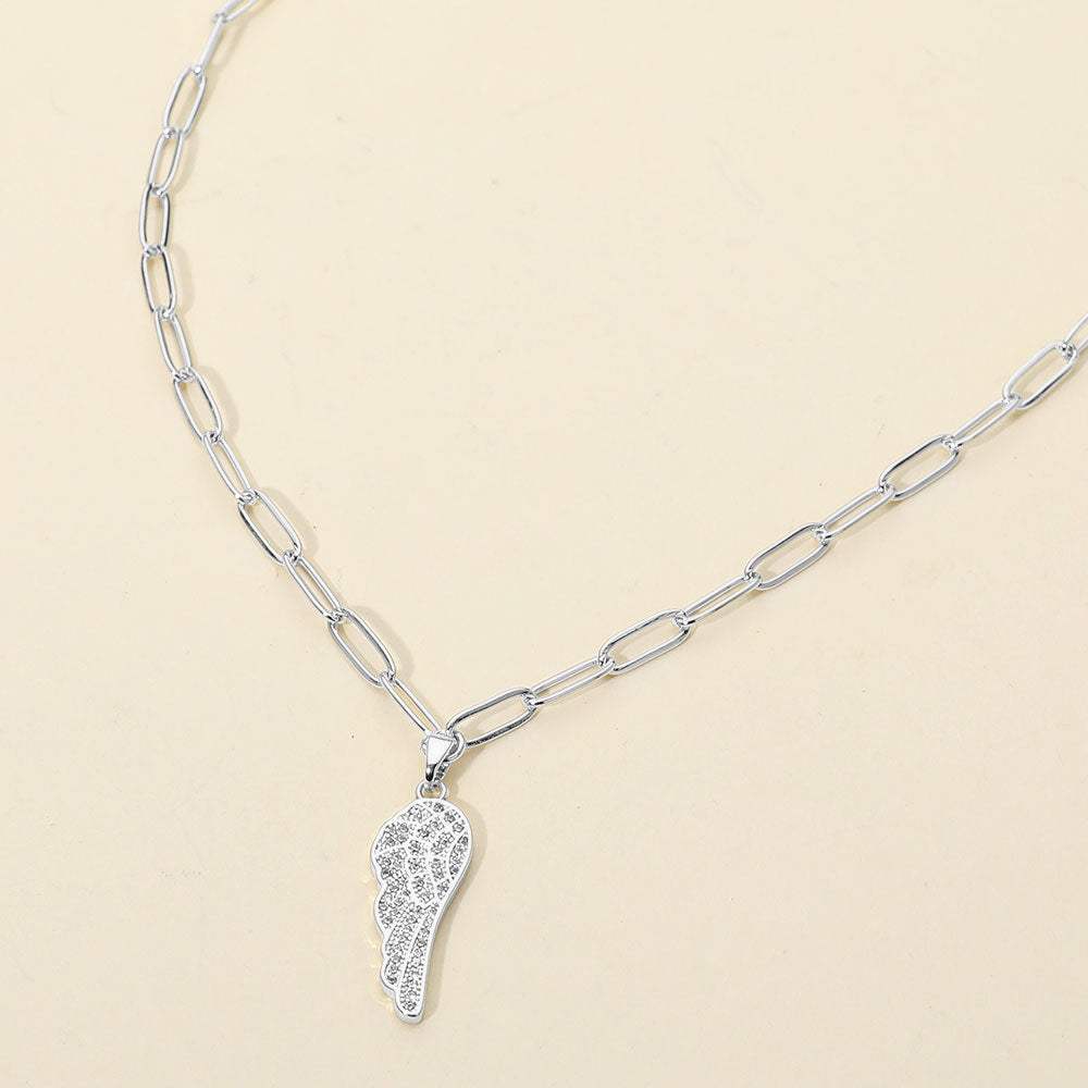 Stainless Steel CZ Stone Paved Angel Wing Pendant Paperclip Chain Necklace - Madeline Love - Flyclothing LLC