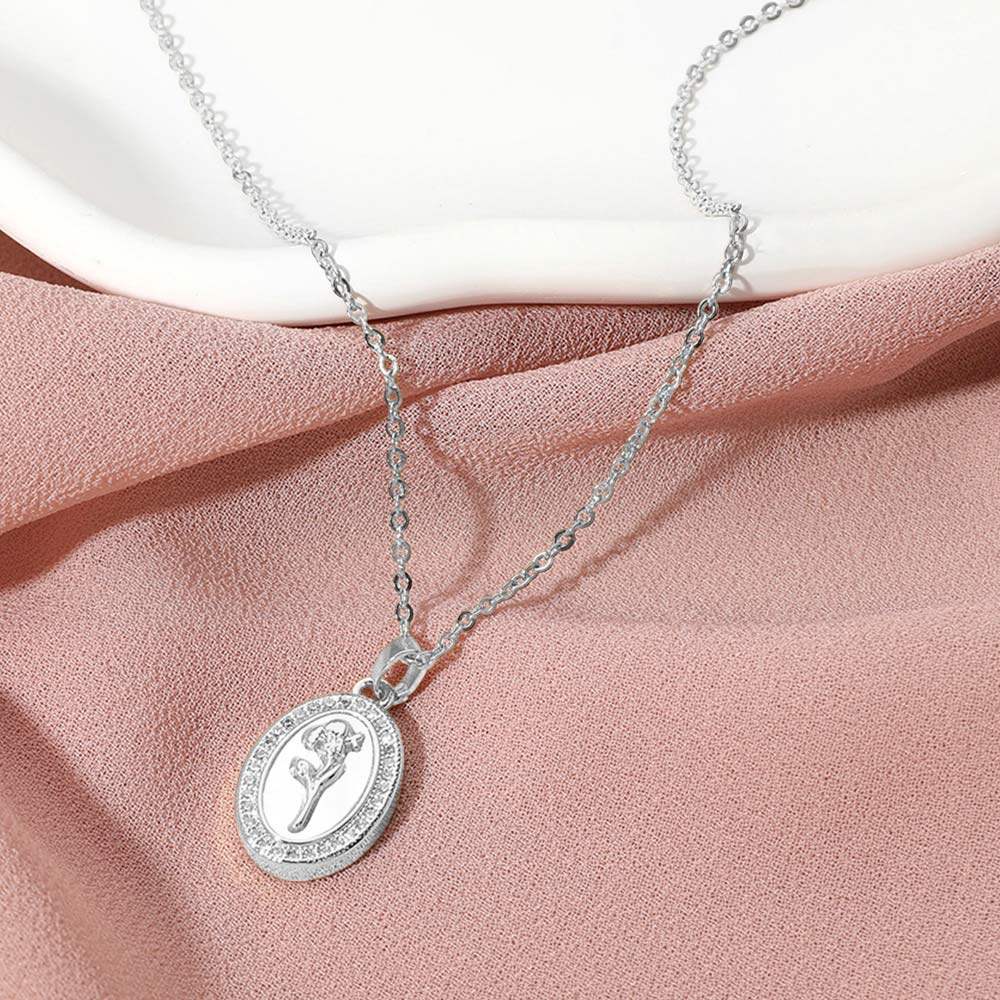 White Gold Dipped CZ Stone Paved Tulip Flower Embossed Mother of Pearl Oval Pendant Necklace - Madeline Love - Flyclothing LLC