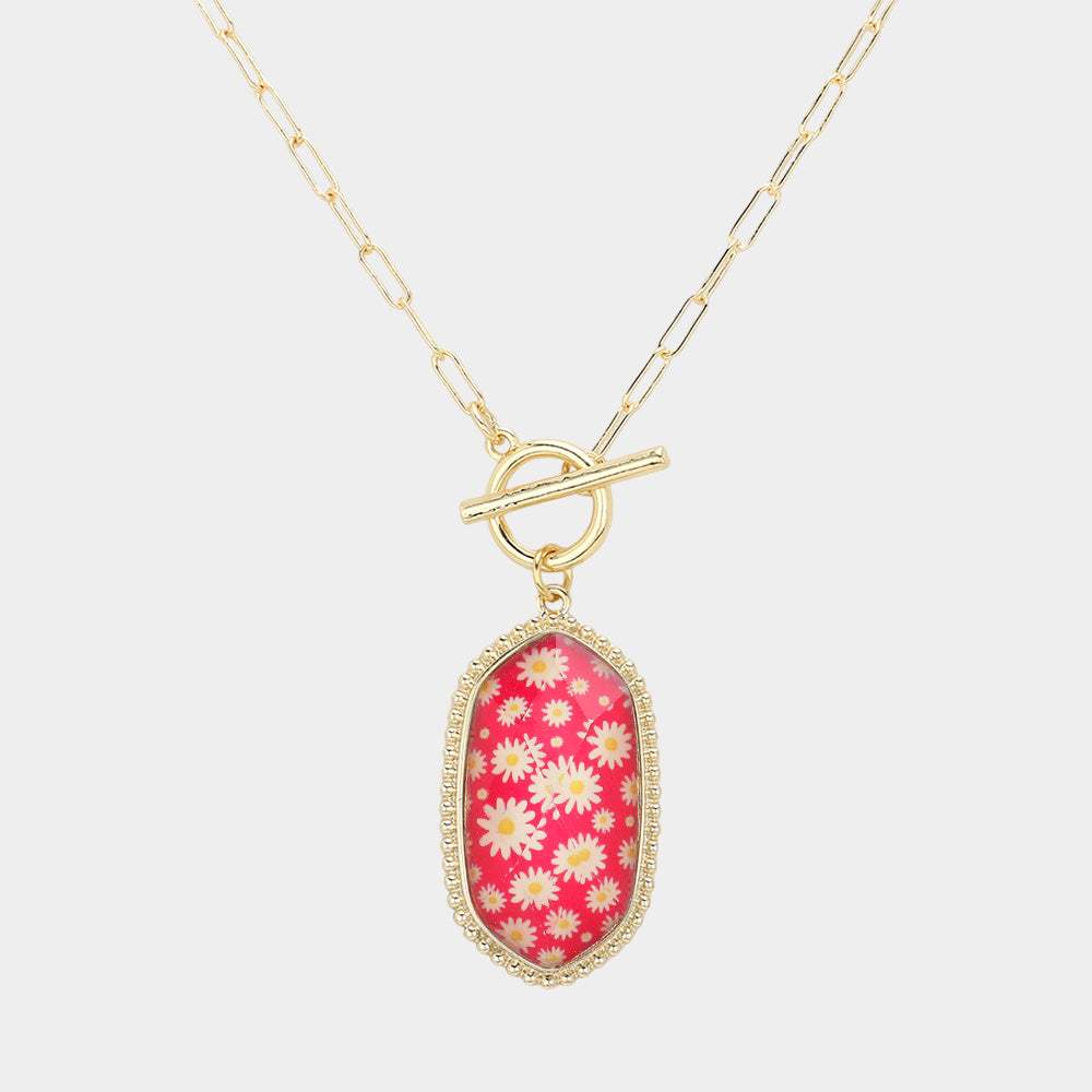 Daisy Flower Patterned Hexagon Pendant Toggle Necklace - Madeline Love - Flyclothing LLC