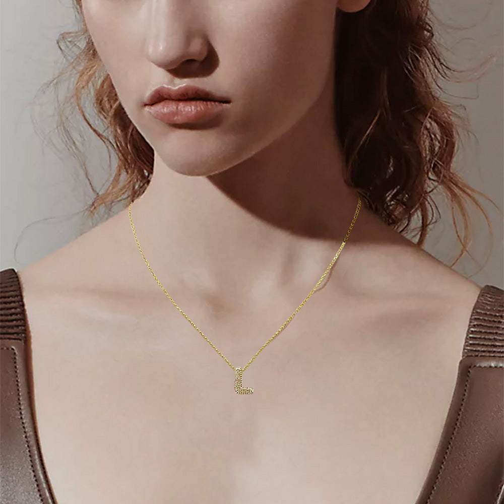 -L- 14K Gold Dipped CZ Stone Paved Initial Monogram Pendant Necklace - Madeline Love - Flyclothing LLC