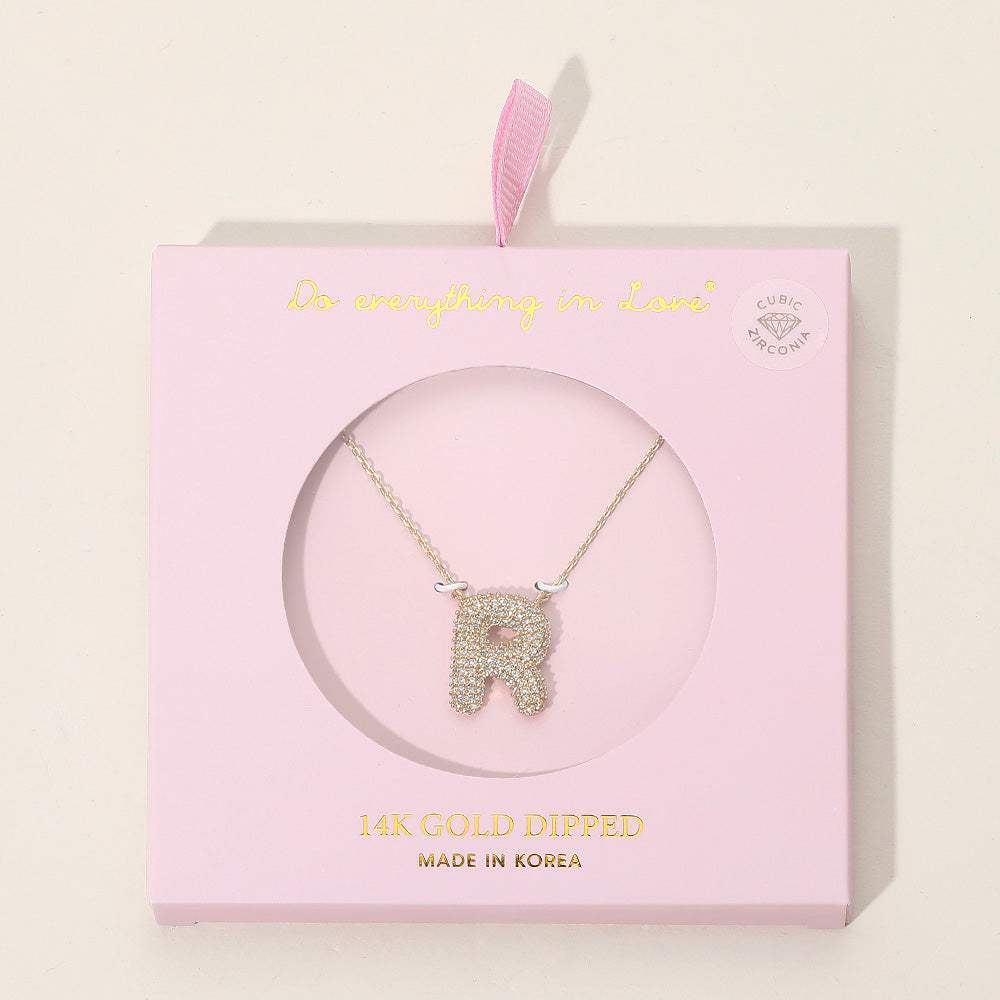 -R- 14K Gold Dipped CZ Stone Paved Initial Monogram Pendant Necklace - Madeline Love - Flyclothing LLC